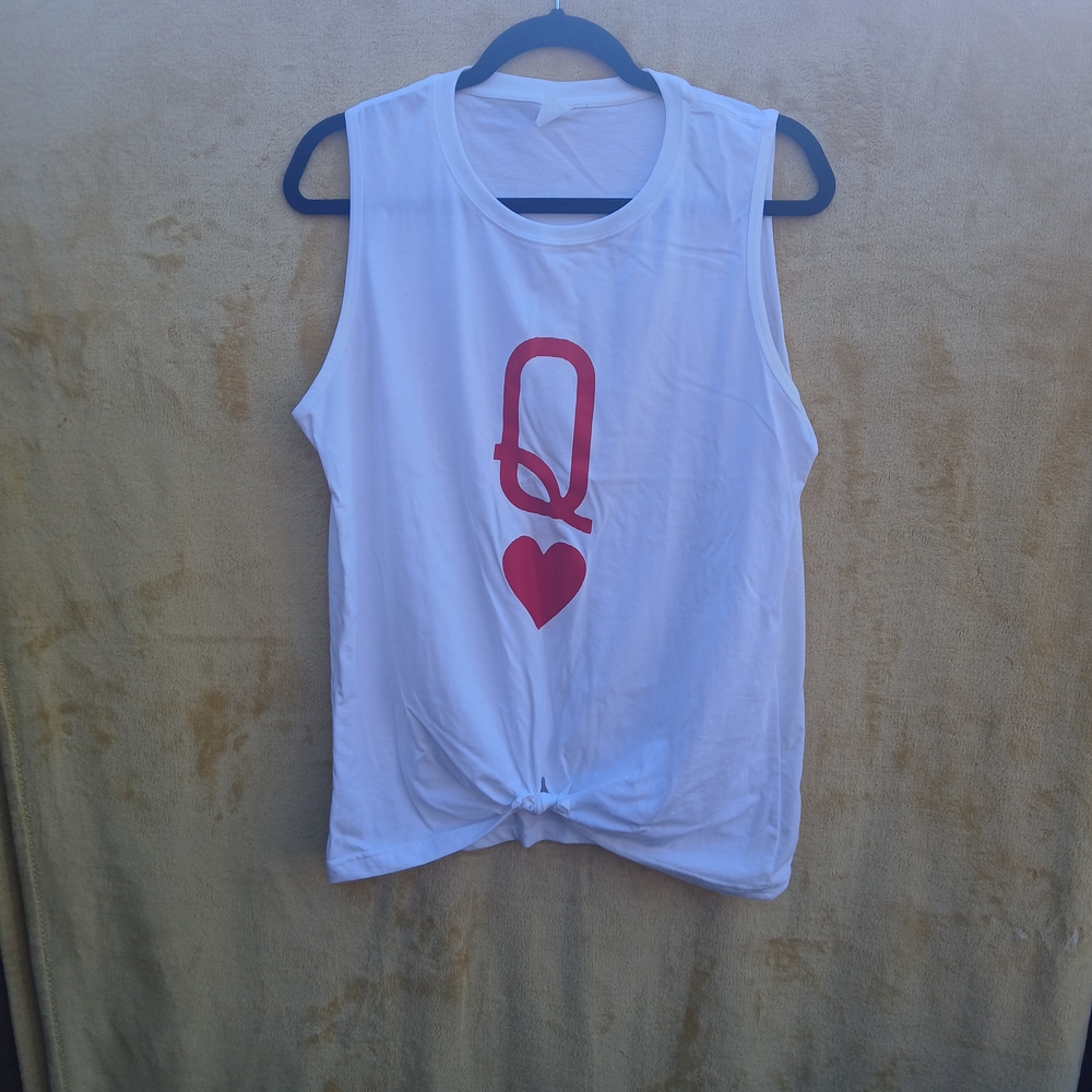 White Tank Top with Red Queen of Hearts Design
